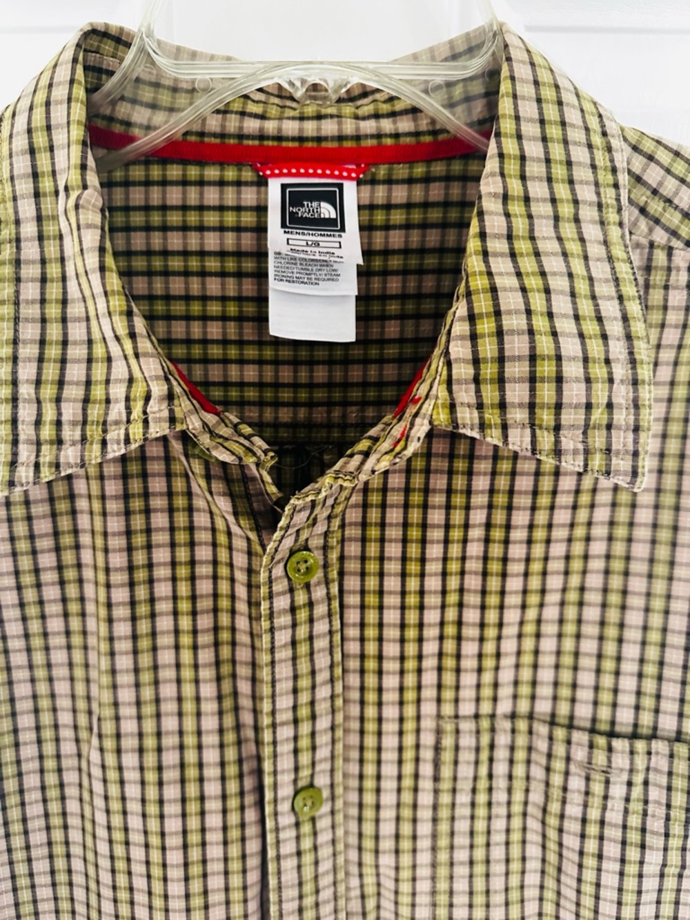 The North Face Men's Taupe, lime Green and black Plaid Button-Up Shirt
